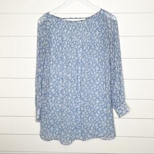 Kimchi Blue Floral Print Pleated Long Sleeve Sheer Tunic Dress Blue White Small
